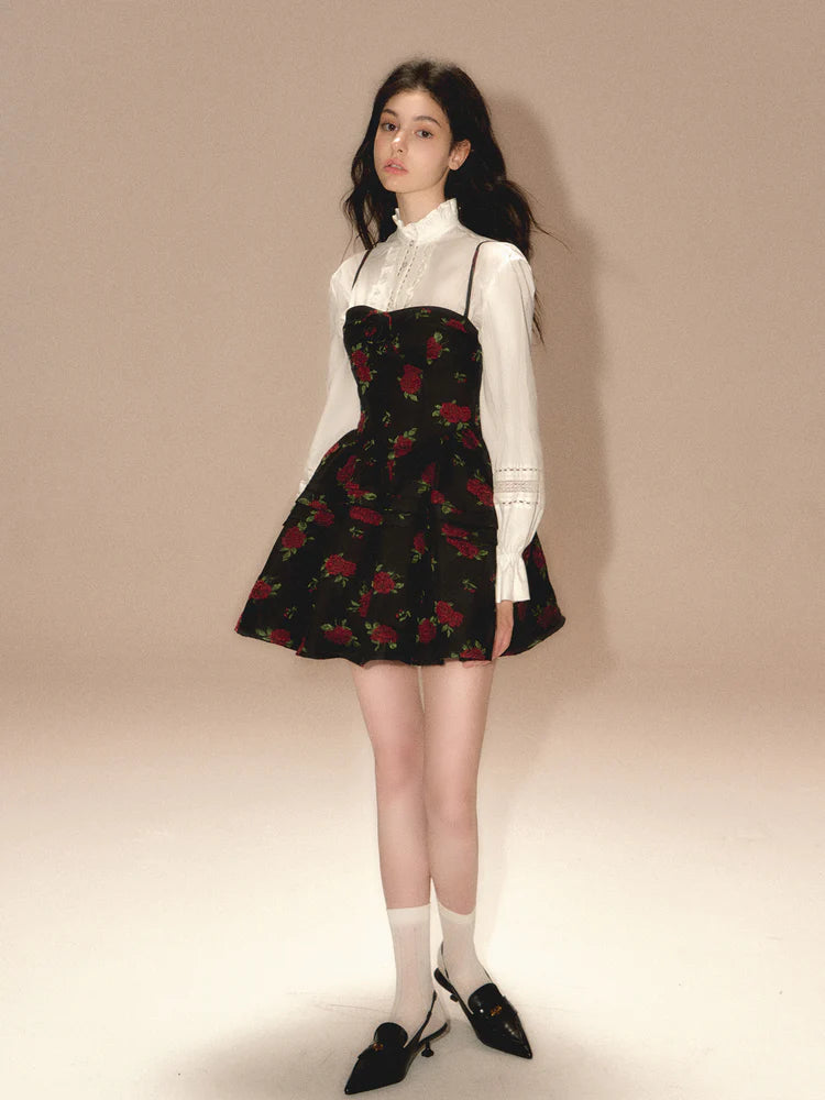 Rose Jacquard Puffy Suspender Dress