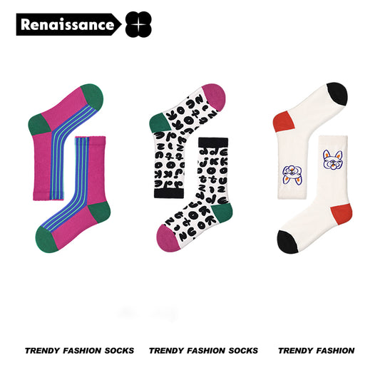 Renaissance original women's socks, autumn and spring new dopamine mid-length tube socks, INS trendy Barbie girls cotton socks - R8198 Rock French Bulldog