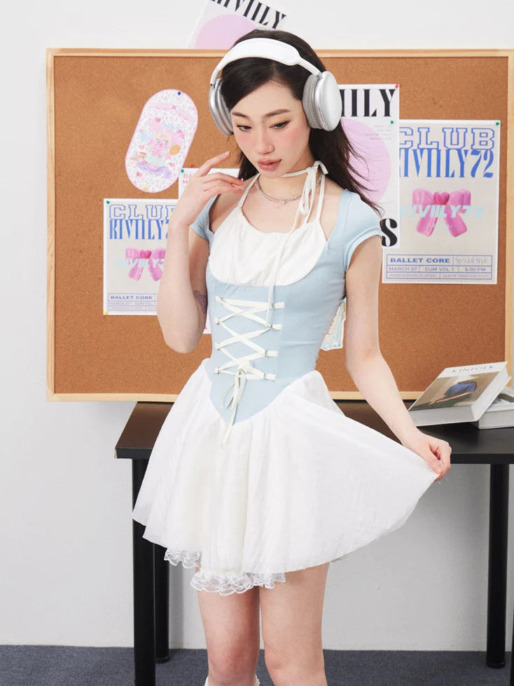 Ballet Ribbon Strap Fluffy Gauze Dress