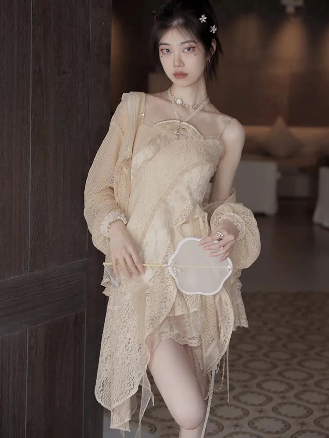 Lace Asymmetry Long Camisole Top & Cake Culottes Skirt & Shawl Top