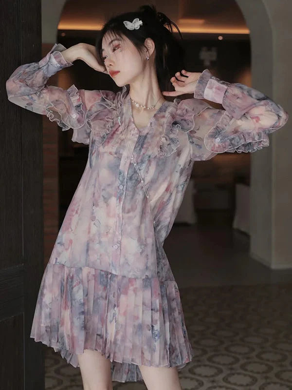 Oil Painting Printed Suspender Dress & Mesh Pleat Dress & Shirt Cardigan