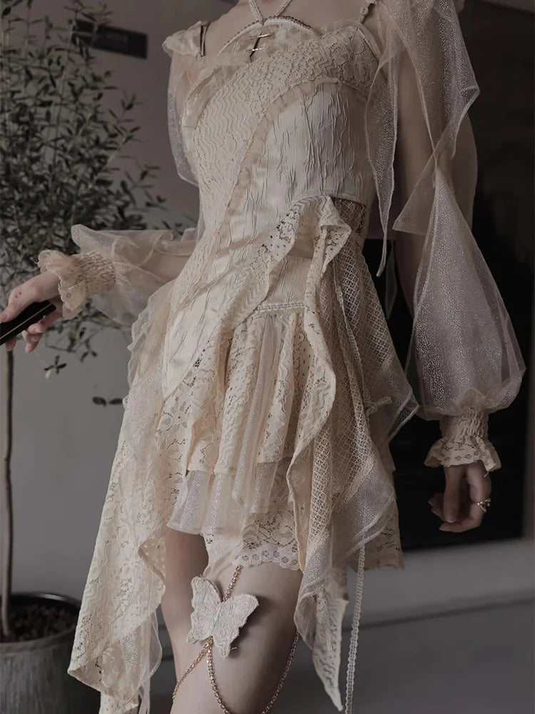 Lace Asymmetry Long Camisole Top & Cake Culottes Skirt & Shawl Top