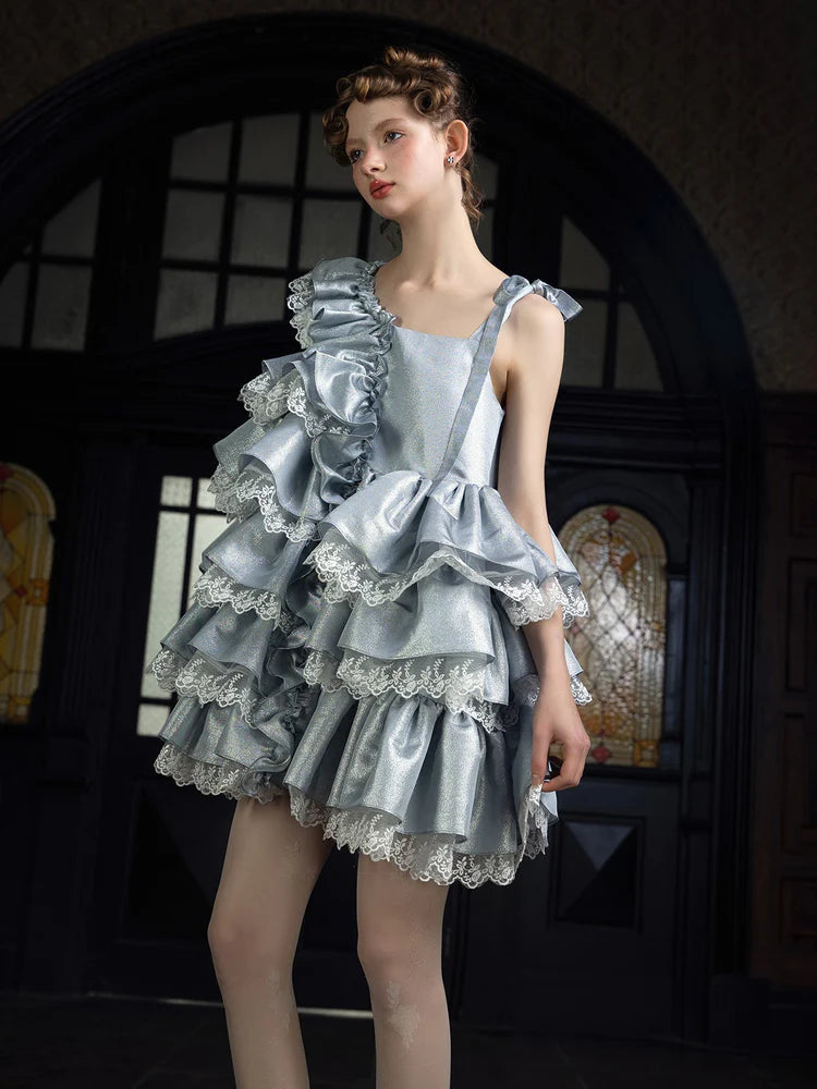 Ruffled Lace Asymmetric A-Line Doll Suspender Dress