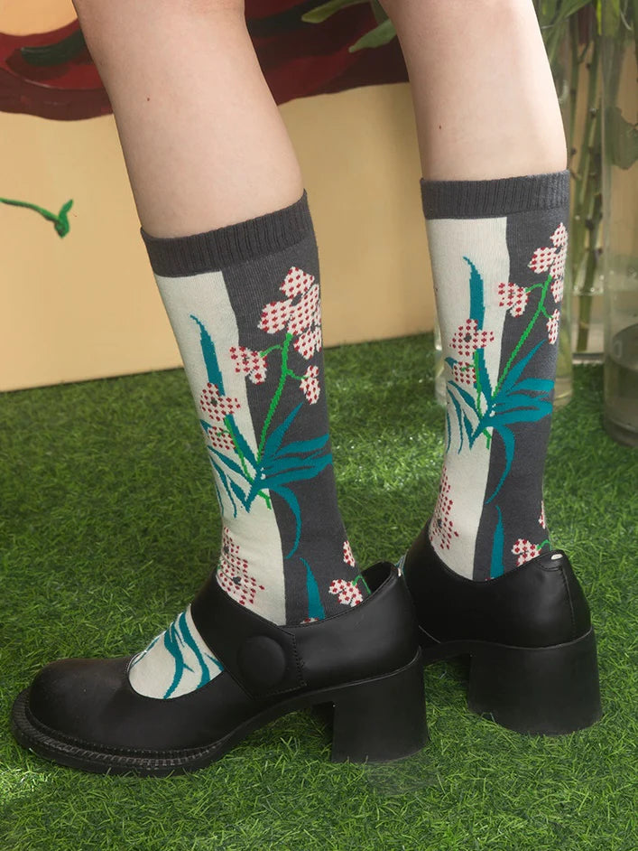 Phalaenopsis Jacquard Mid-calf Socks- Outfits Aesthetic