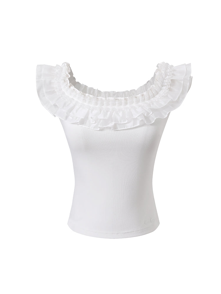 Underpass Original Design White Lace One-Shoulder Slim Fit Waist-Defining Dual-Wear Versatile Short-Sleeve T-Shirt Women