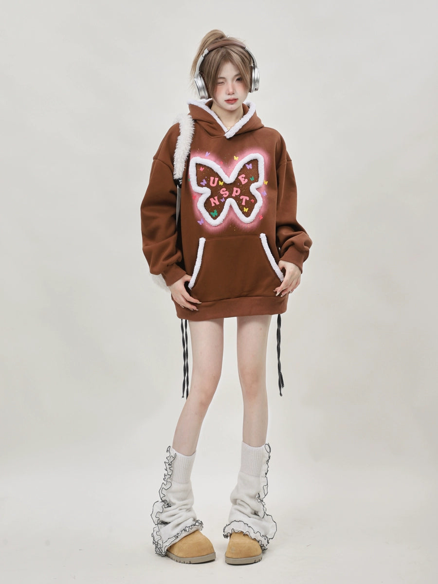 Oversized Kawaii Pink butterfly pullover sweatshirts, hoodies, with added fleece and thickened #PN-5008