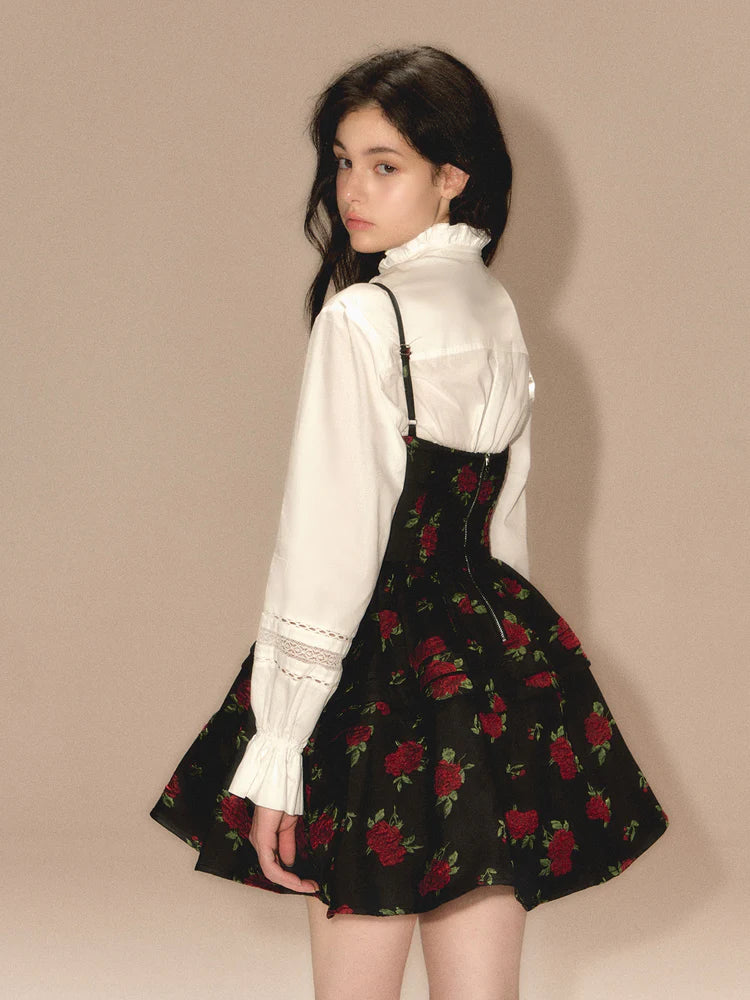 Rose Jacquard Puffy Suspender Dress