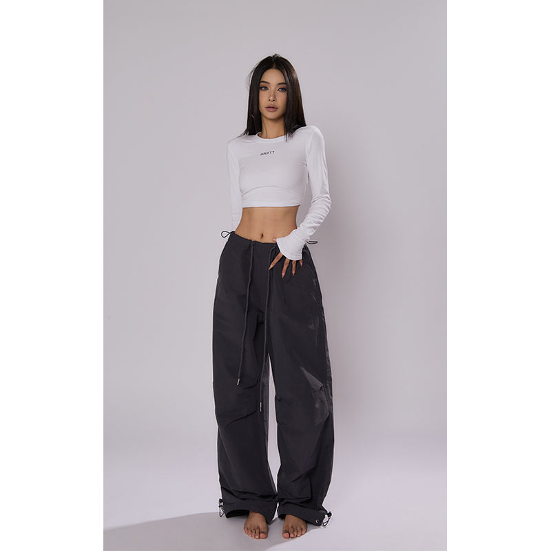 AN JITT Peach Collection" Grey Parachute Pants New American Style Drawstring Utility Pants Wide-Leg Casual Pants for Women Spring/Summer