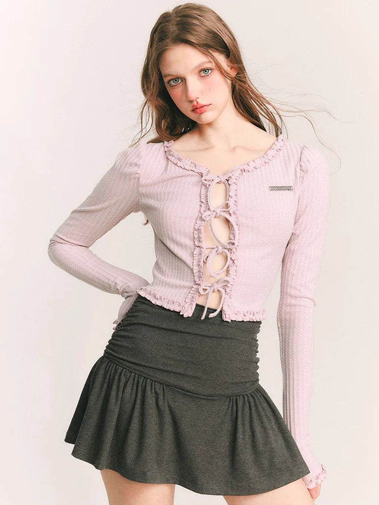 Strap Bow Short Knit Slim Cardigan