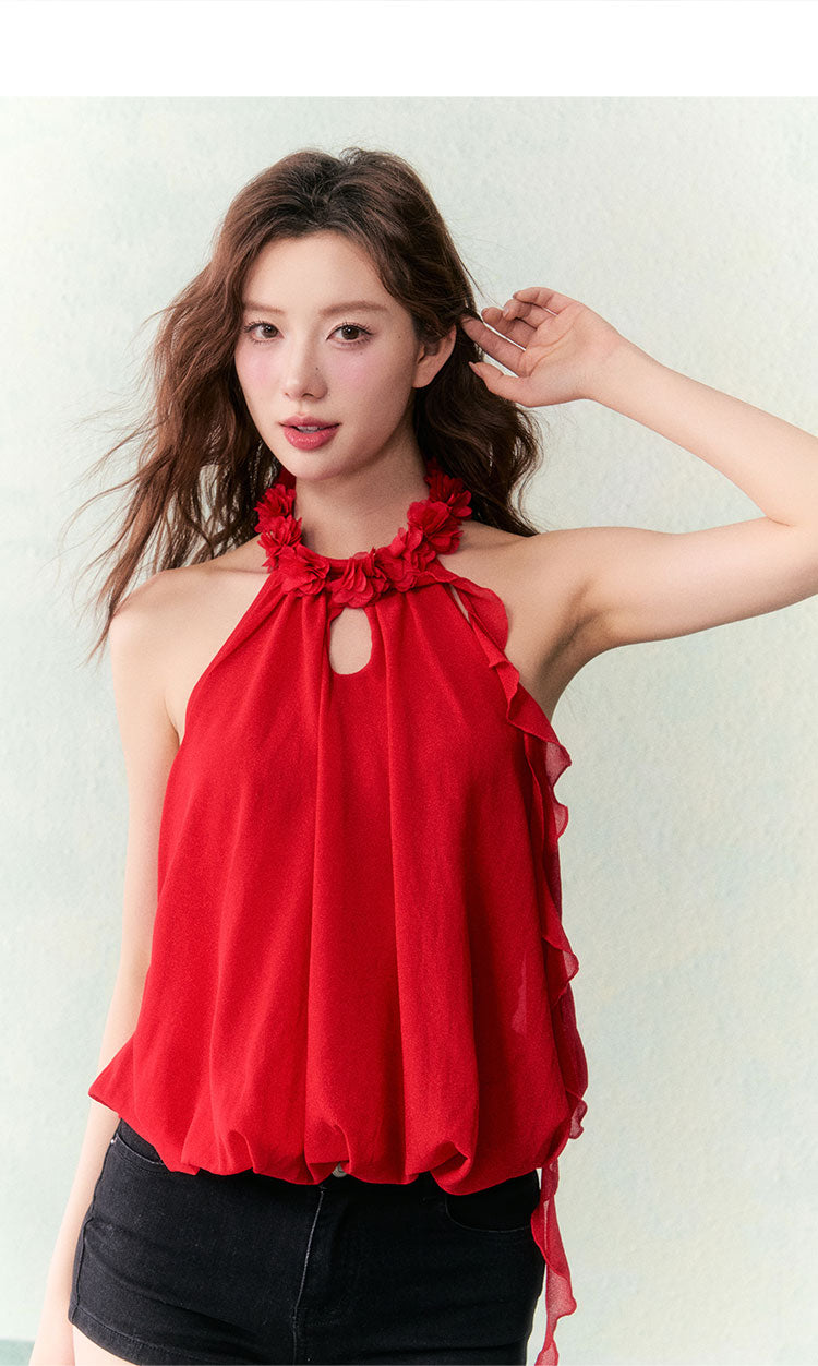 OCRC Official Red Flower Collar Spaghetti Strap Design Sensation Floating Ribbon Bud Chiffon Top