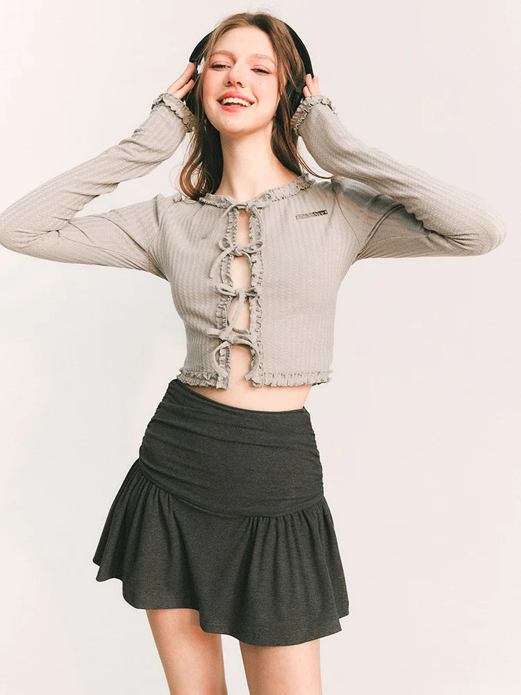 Strap Bow Short Knit Slim Cardigan