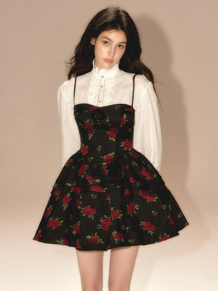 Rose Jacquard Puffy Suspender Dress