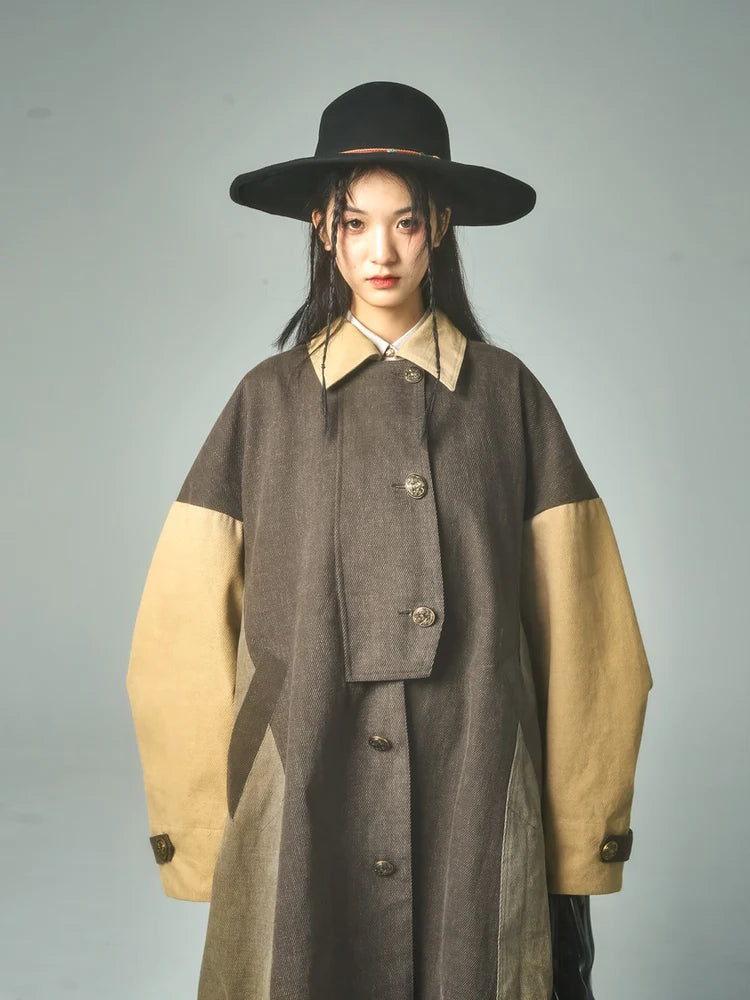 Retro Stitching Long Loose Cape Detachable Coat