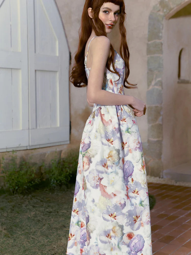 Flowers Print Suspender Dress