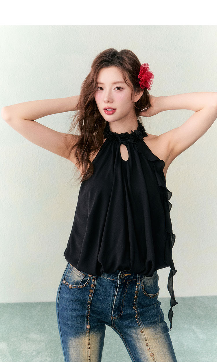 OCRC Official Red Flower Collar Spaghetti Strap Design Sensation Floating Ribbon Bud Chiffon Top