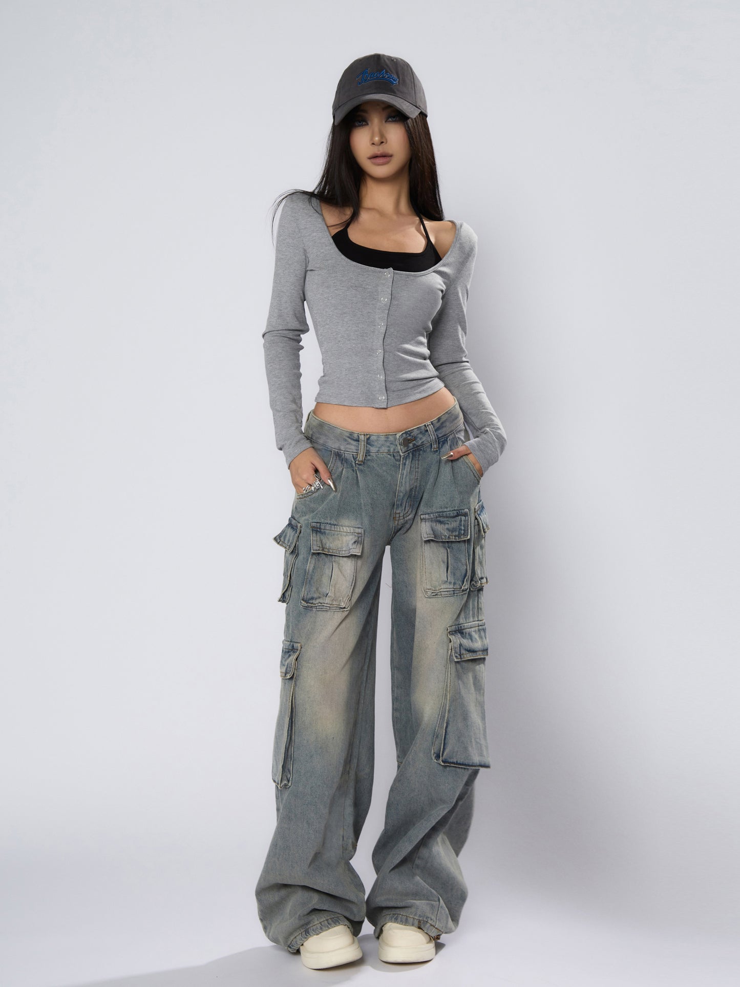 AN JITT Peach Collection" Women's Jeans American Retro Low-Waisted Straight Wide-Leg Loose Washed Multi-Pocket Work Pants Spring