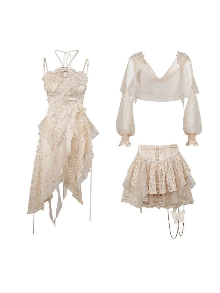 Lace Asymmetry Long Camisole Top & Cake Culottes Skirt & Shawl Top