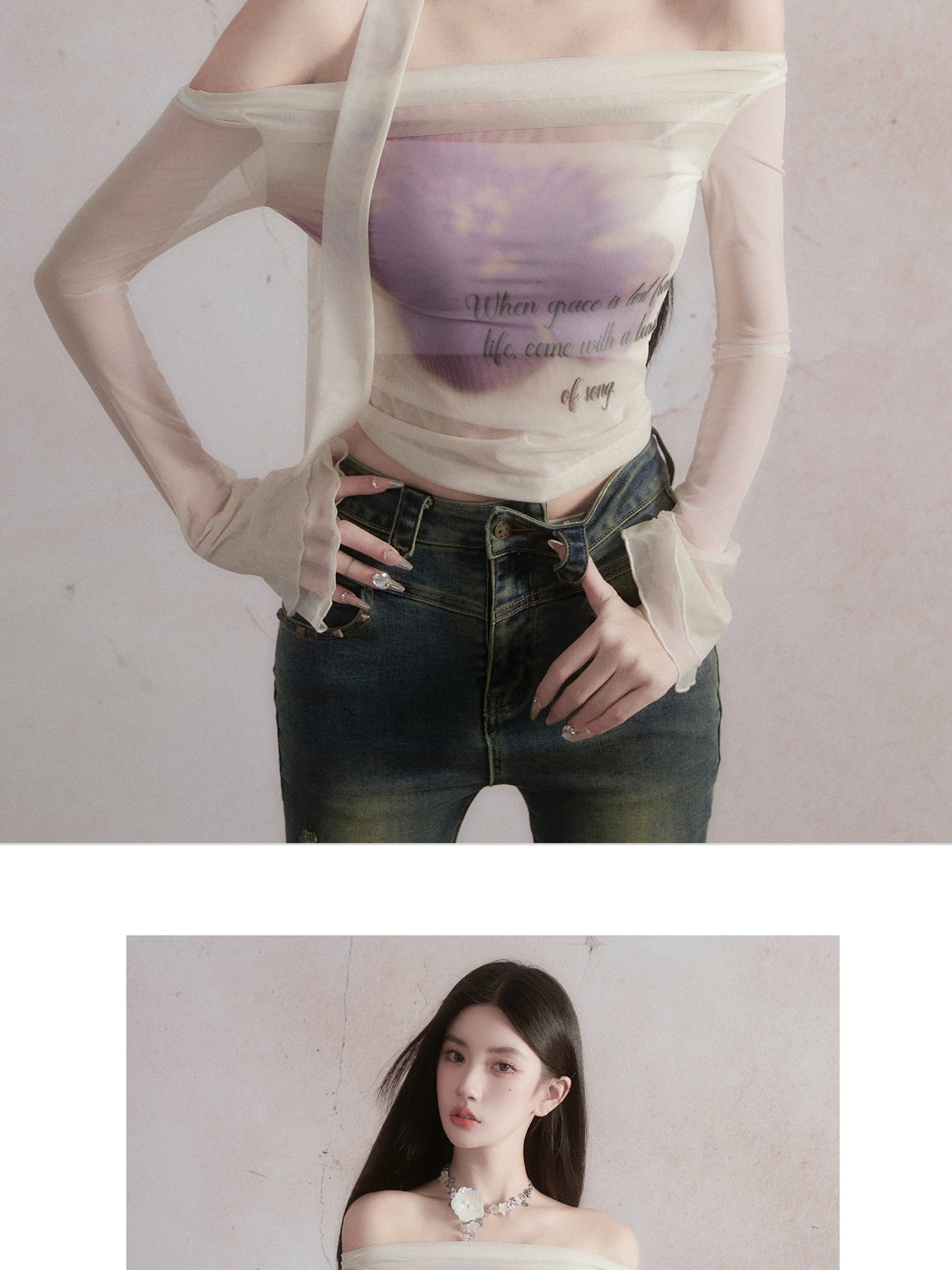 "Fragileheart" Broken Rose Purple Flower One-Shoulder Sweet and Spicy Top Design Sense Long Sleeve T-shirt