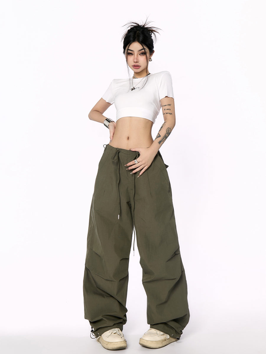 AN JITT Peach Collection" Grey Parachute Pants New American Style Drawstring Utility Pants Wide-Leg Casual Pants for Women Spring/Summer