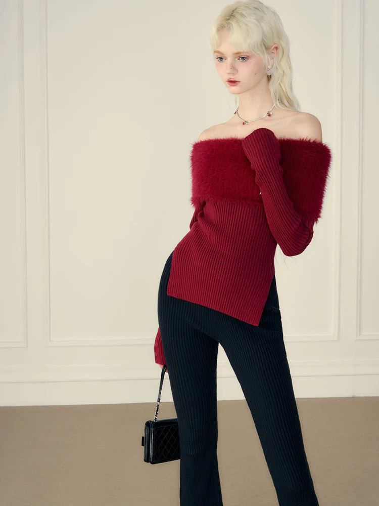 Off-Shoulder Side-Slit Fur Rib-Knit