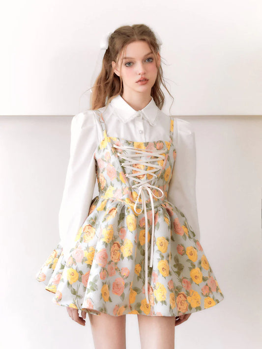 Oil Painting Ballet Style Suspender Dress & Waist Shape Shirt