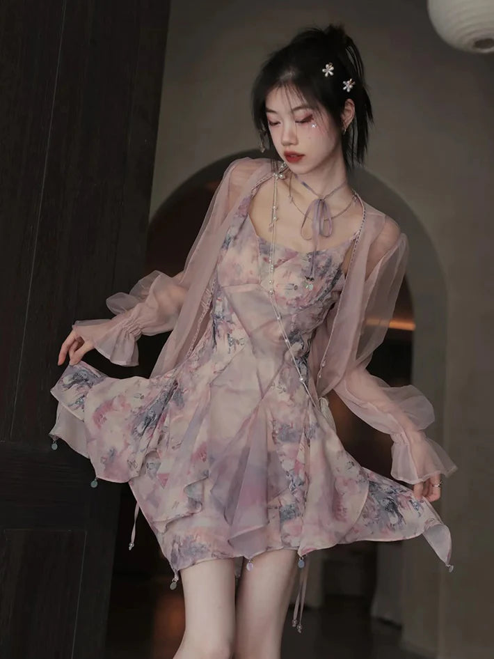 Oil Painting Printed Suspender Dress & Mesh Pleat Dress & Shirt Cardigan