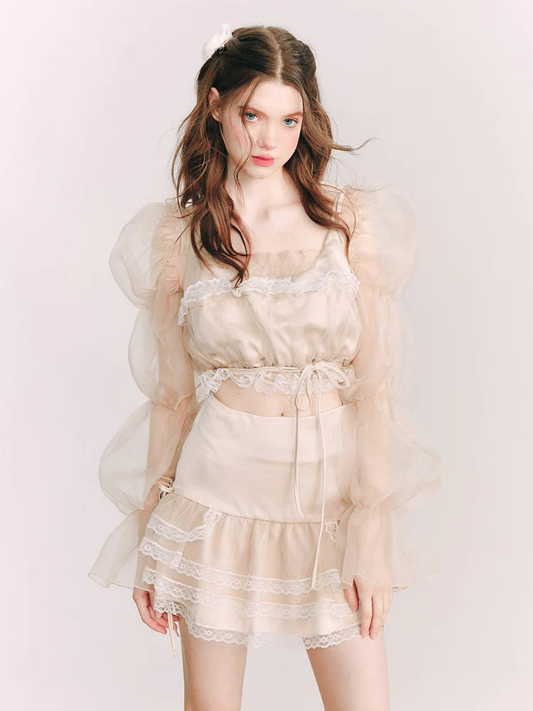 Organza Puff Sleeve Lace Top & Skirt