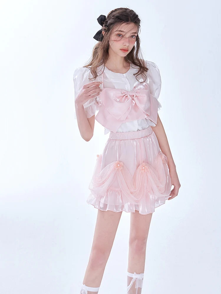 Pink Glossy Bow Halter Corset + Ruffle Skirt