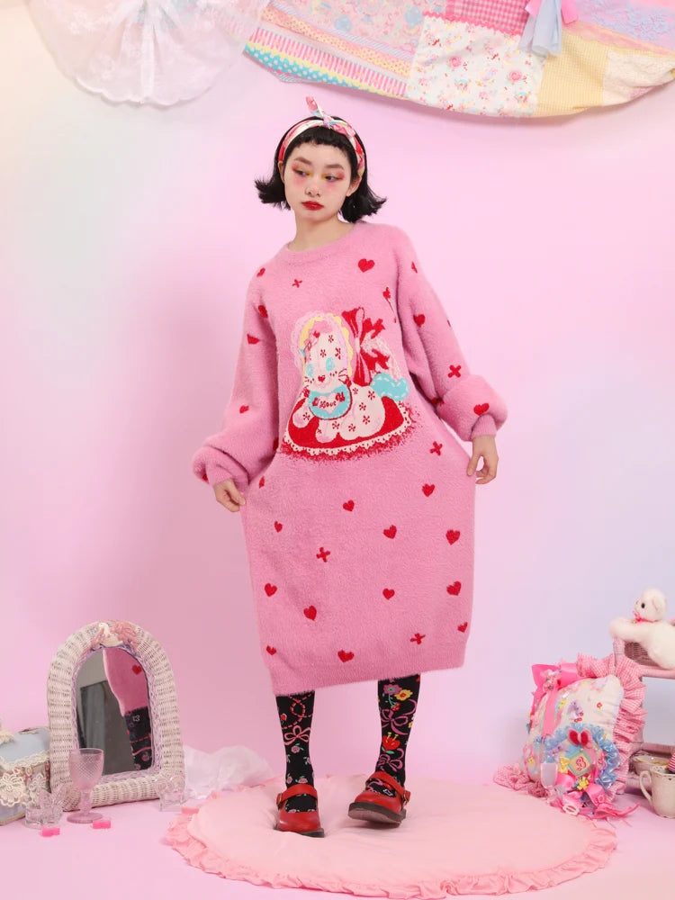 Pink Love Cat Sweater Skirt- Outfits Aesthetic