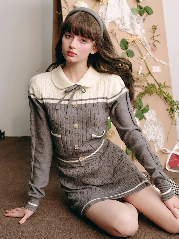 Polo Collar Knitted Sweater ＆ Cable Mini Skirt