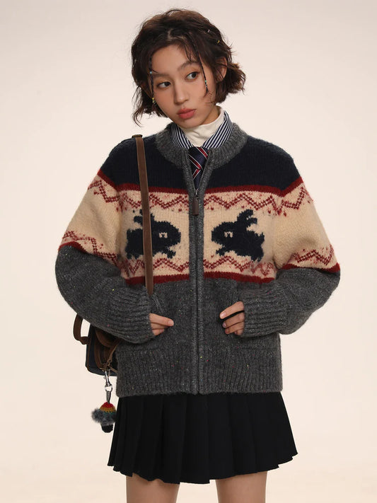 Rabbit Jacquard Zipper Knitted Cardigan