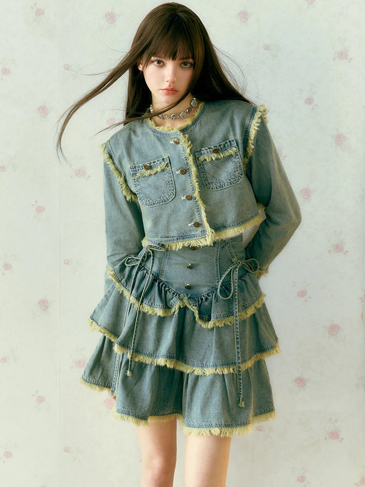 Raw Edge Denim Cake Skirt & Short Jacket- Spring Fashion