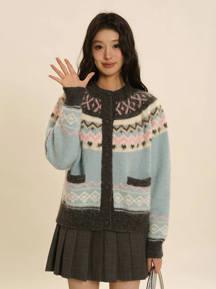 Retro Crew-Neck Cute Knit Cardigan