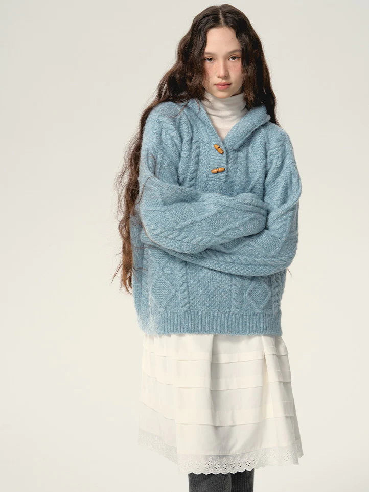 Retro Hoodie Natural Simple Oversize Cable-Knit