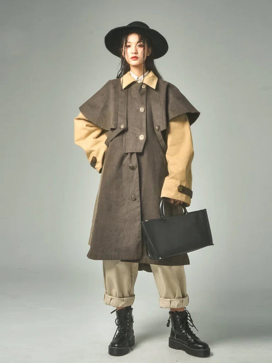 Retro Stitching Long Loose Cape Detachable Coat