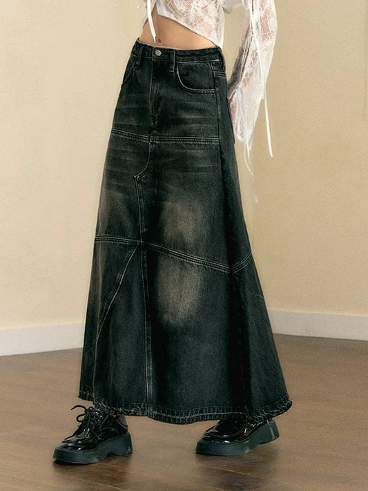 Retro Washed A Line Patchwork Denim Skirt