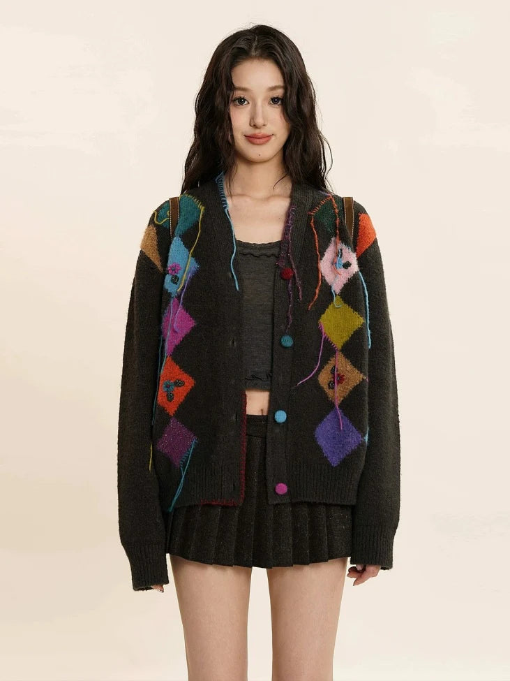 Rhombic Hand Embroidered Flower Fringe Knitted Cardigan