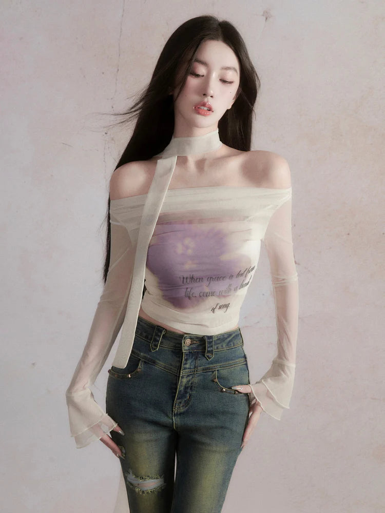 Rose Off Shoulder Mesh T-Shirt