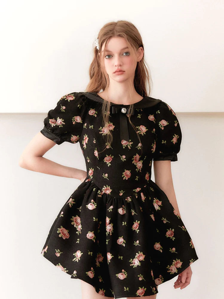 Rose Print Princess Puff Dress