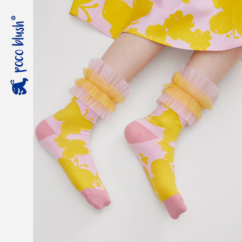 Pocoblush Original Design: Butterfly Diary Girls' Mid-Length Versatile Socks with Lace Mesh Princess Socks