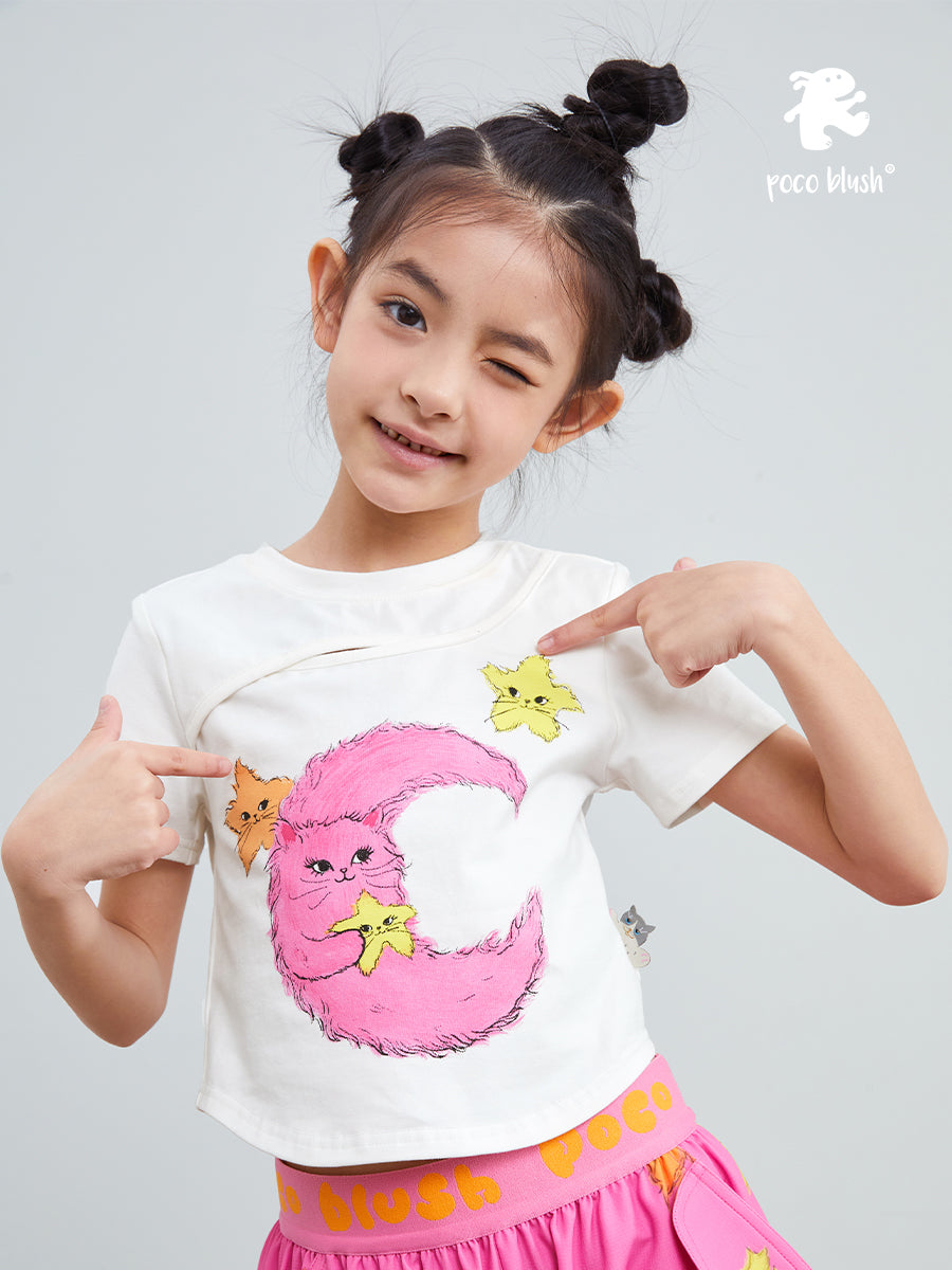 pocoblush Original Design Starry Moon Cat T-shirt for Girls Summer 2024 New White Print Pure Cotton Short Sleeve