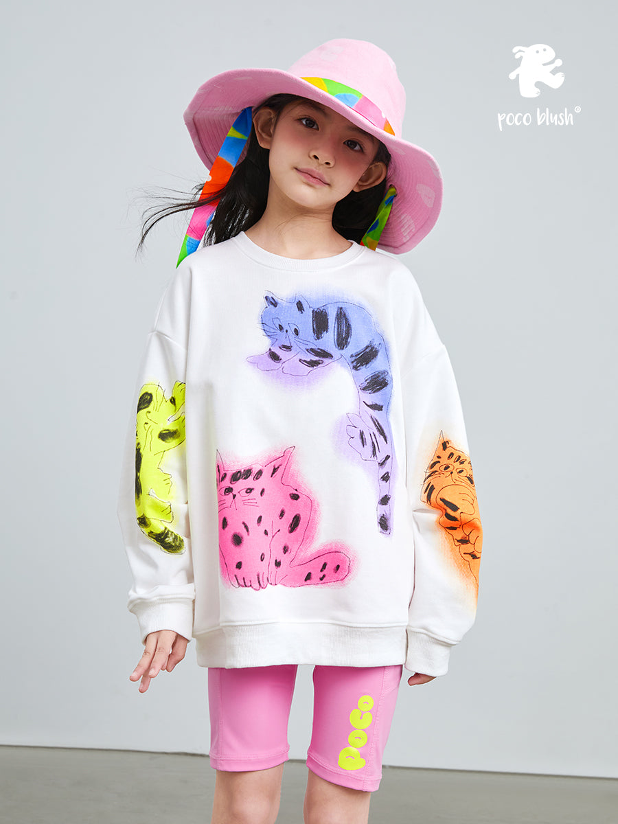 Pocoblush Original Design: Artistic Cat Print Sweatshirt, Spring/Autumn Girls' Long Sleeve Top