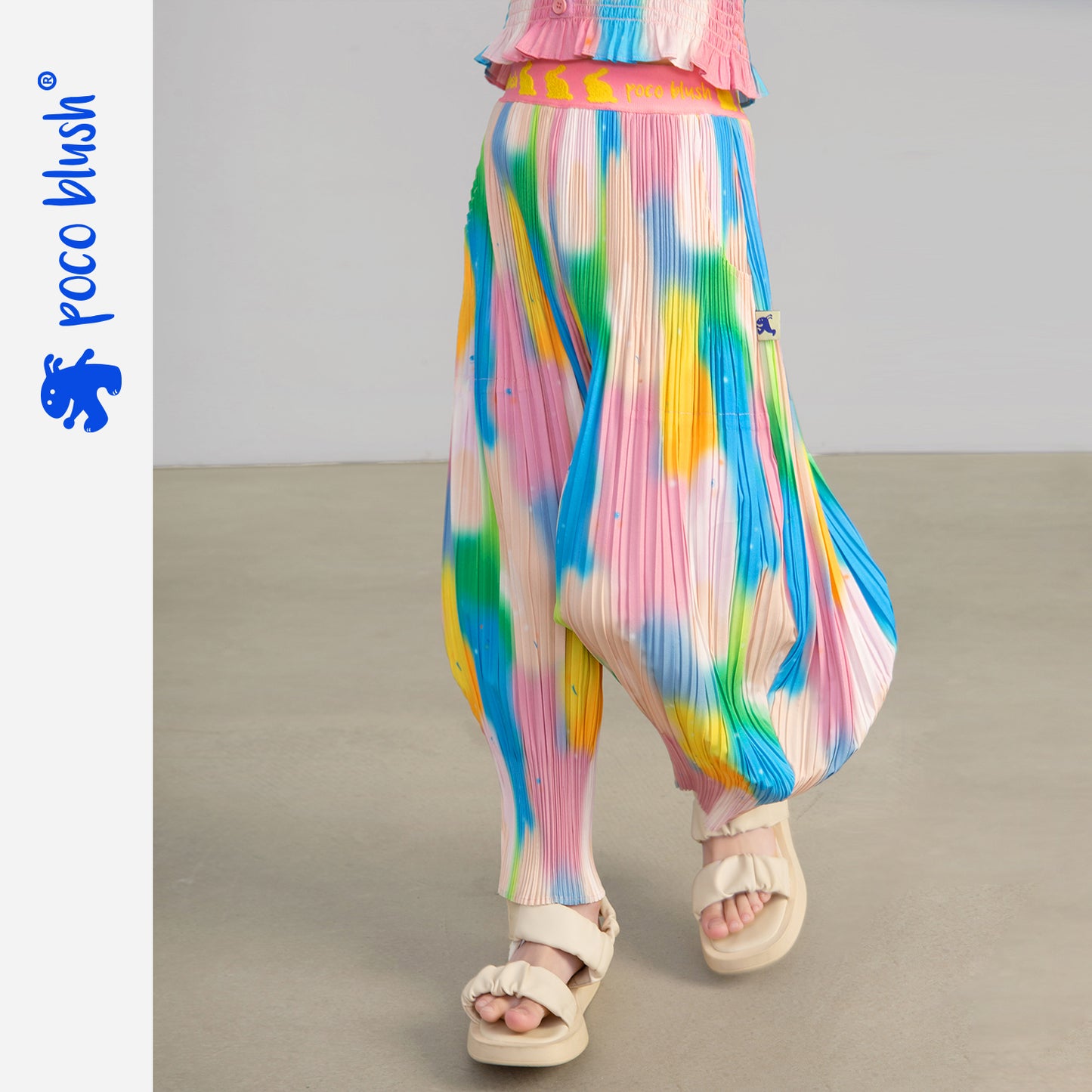 Pocoblush Original Design: Neon Phantom Rabbit Pleated Long Pants for Girls, Summer Elastic Loose Casual Pants