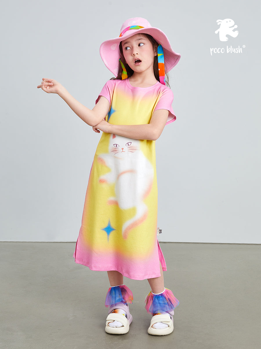 Pocoblush Original Design: Cat Under the Starry Sky Dress for Girls, New Summer Style T-shirt Long Dress for Little Girls