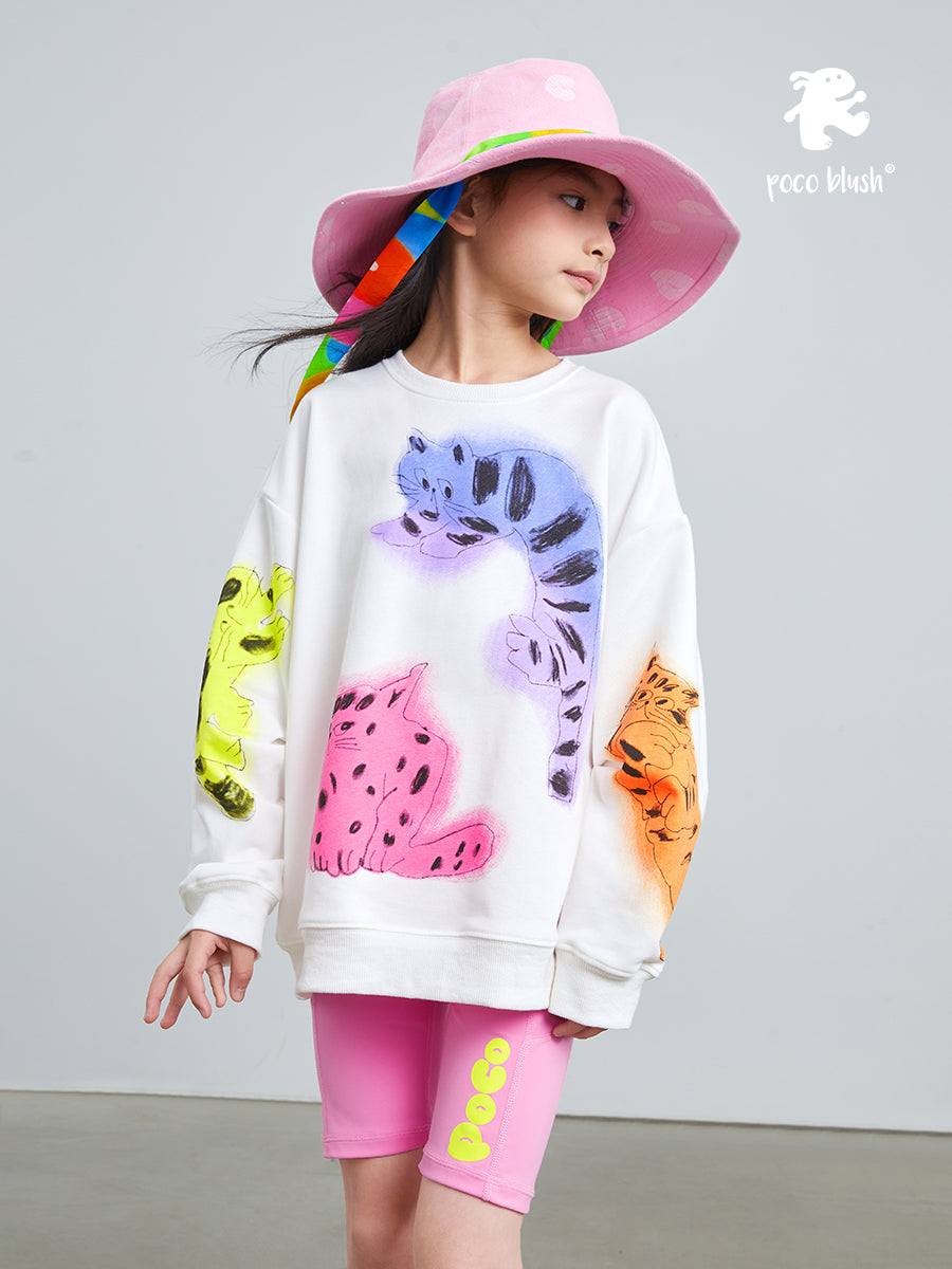 Pocoblush Original Design: Artistic Cat Print Sweatshirt, Spring/Autumn Girls' Long Sleeve Top