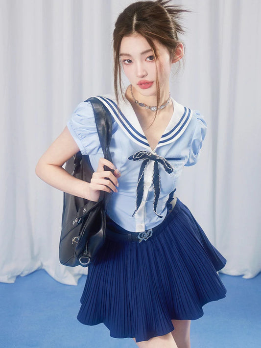 School Girl Puff Sleeve Top & Pleated Skirt