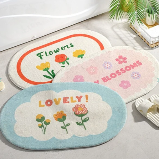 Enchanting Petal Paradise: Kawaii Floral Oval Bathroom Mat