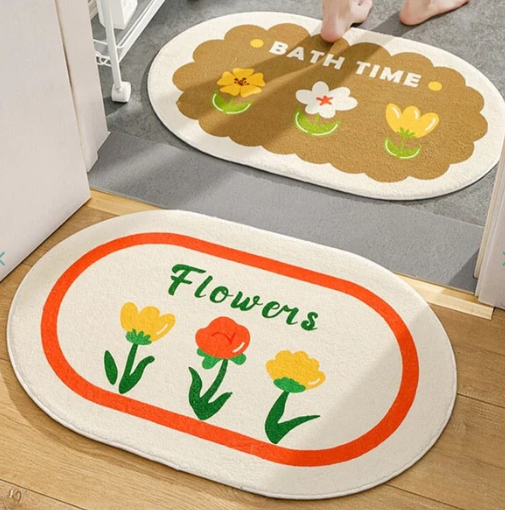 Enchanting Petal Paradise: Kawaii Floral Oval Bathroom Mat