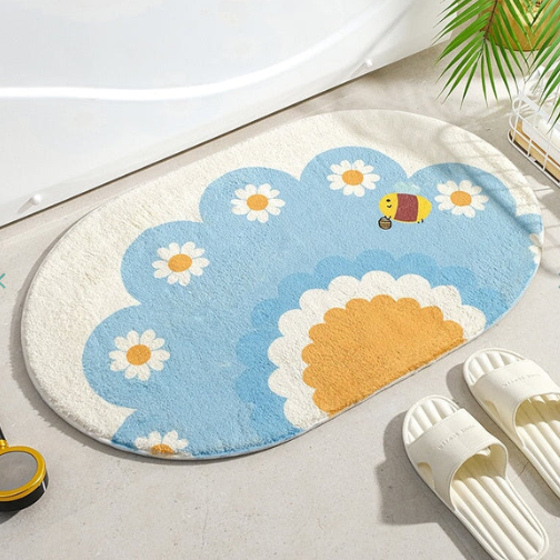 Enchanting Petal Paradise: Kawaii Floral Oval Bathroom Mat