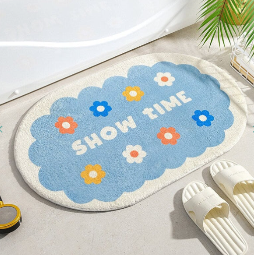 Enchanting Petal Paradise: Kawaii Floral Oval Bathroom Mat